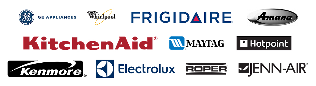 A collection of appliance brand logos: GE, Whirlpool, Frigidaire, Amana, KitchenAid, Maytag, Hotpoint, Kenmore, Electrolux, Roper, and Jenn-Air
